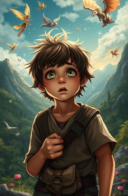 A captivating scene depicting a 12-year-old boy, looking homeless with ragged clothes, standing in awe as he is transported to a vibrant fantasy world filled with swords and magic