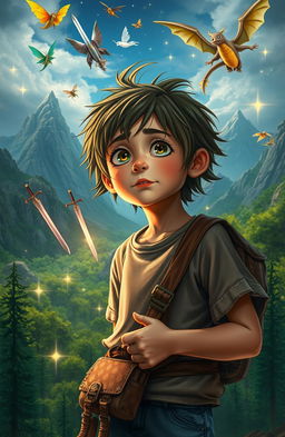 A captivating scene depicting a 12-year-old boy, looking homeless with ragged clothes, standing in awe as he is transported to a vibrant fantasy world filled with swords and magic