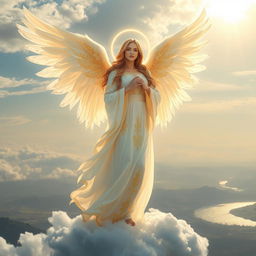 A majestic angel with ethereal wings glowing brightly against a serene sky