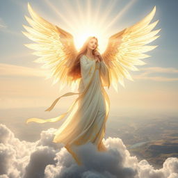 A majestic angel with ethereal wings glowing brightly against a serene sky