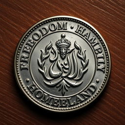 A detailed illustration of a coin featuring embossed words "freedom", "god", "family", and "homeland" in an elegant font