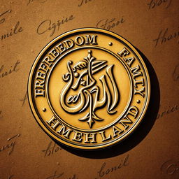 A detailed illustration of a coin featuring embossed words "freedom", "god", "family", and "homeland" in an elegant font