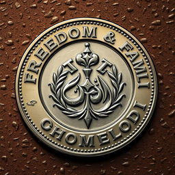 A detailed illustration of a coin featuring embossed words "freedom", "god", "family", and "homeland" in an elegant font