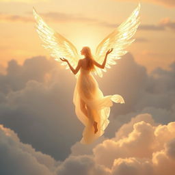 An ethereal angel hovering gracefully amidst a soft, golden light, surrounded by fluffy white clouds