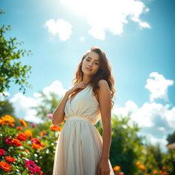 A beautiful woman with curly hair, wearing an elegant flowing dress