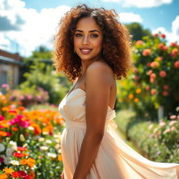 A beautiful woman with curly hair, wearing an elegant flowing dress