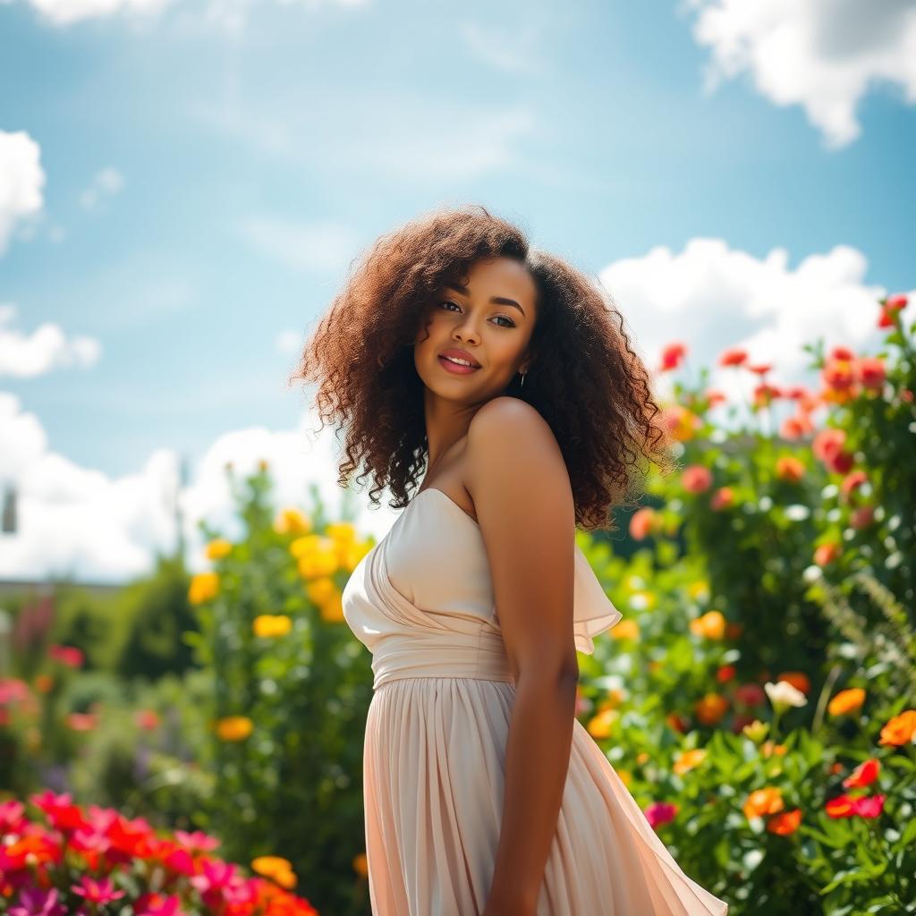 A beautiful woman with curly hair, wearing an elegant flowing dress