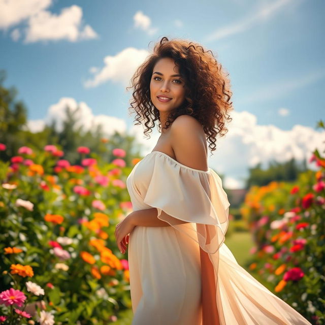 A beautiful woman with curly hair, wearing an elegant flowing dress