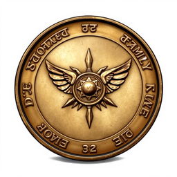 A detailed illustration of a coin featuring the four words 'freedom', 'god', 'family', and 'homeland' elegantly inscribed around the edge