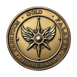 A detailed illustration of a coin featuring the four words 'freedom', 'god', 'family', and 'homeland' elegantly inscribed around the edge