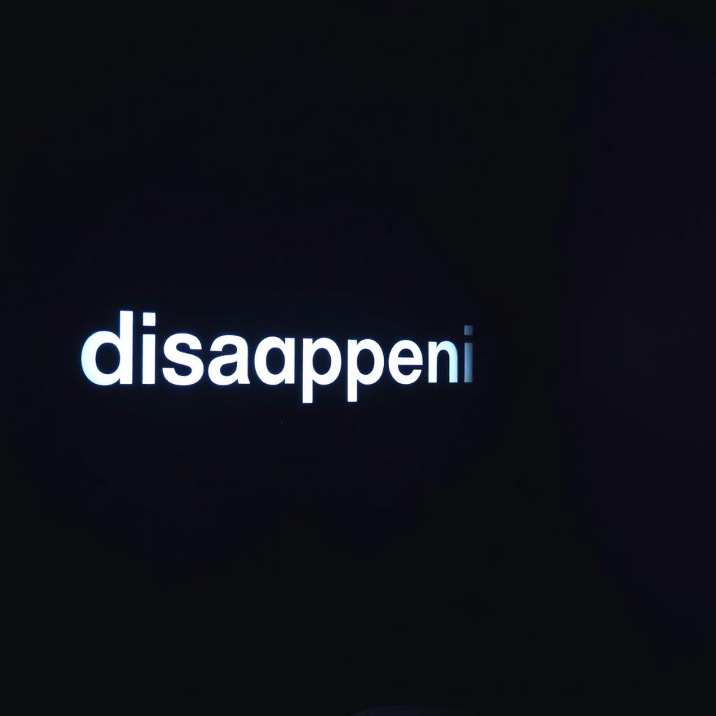 A dark room illuminated by a vivid xenon light that projects the word 'disappearing' onto the wall in bold, bright letters