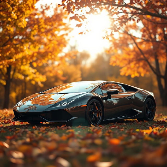 A stunning Lamborghini positioned in a vibrant autumn landscape