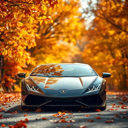 A stunning Lamborghini positioned in a vibrant autumn landscape