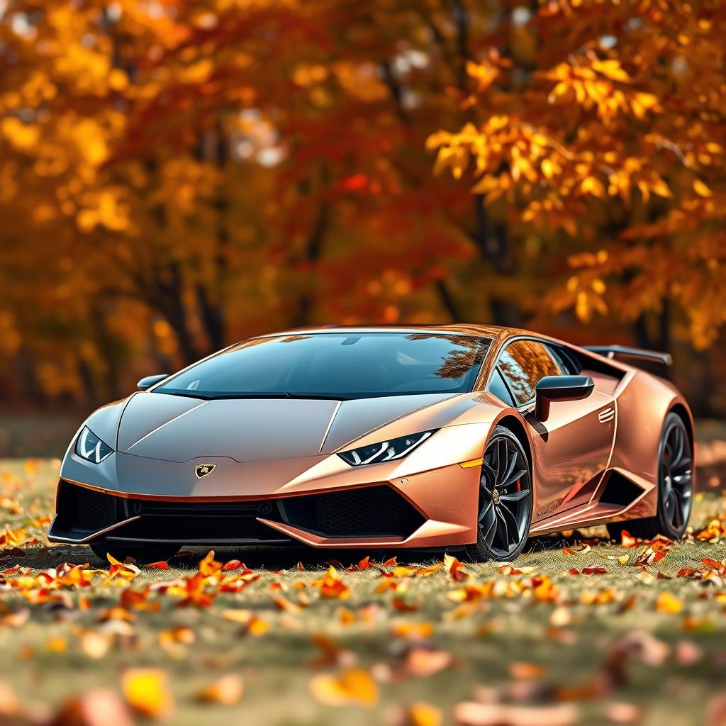 A stunning Lamborghini positioned in a vibrant autumn landscape