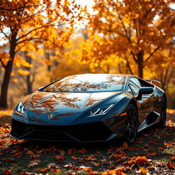 A stunning Lamborghini positioned in a vibrant autumn landscape