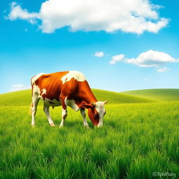 A peaceful scene depicting a brown and white cow grazing on lush green grass in a vibrant pasture