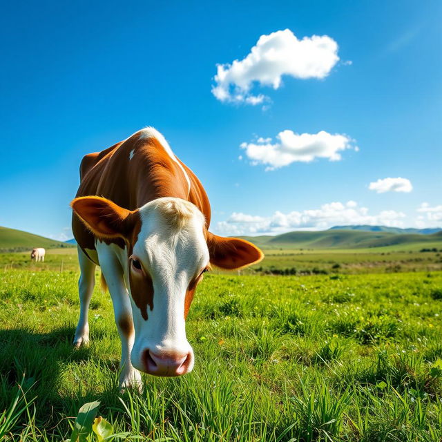 A peaceful scene depicting a brown and white cow grazing on lush green grass in a vibrant pasture