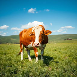 A peaceful scene depicting a brown and white cow grazing on lush green grass in a vibrant pasture
