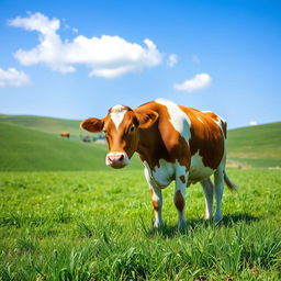 A peaceful scene depicting a brown and white cow grazing on lush green grass in a vibrant pasture