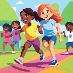 A high quality digital art image featuring a playful scene where a young girl is participating in a three-legged race