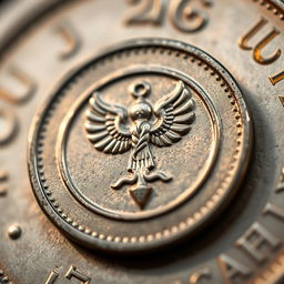 A close-up of a Faravahar coin, showcasing its intricate design and details