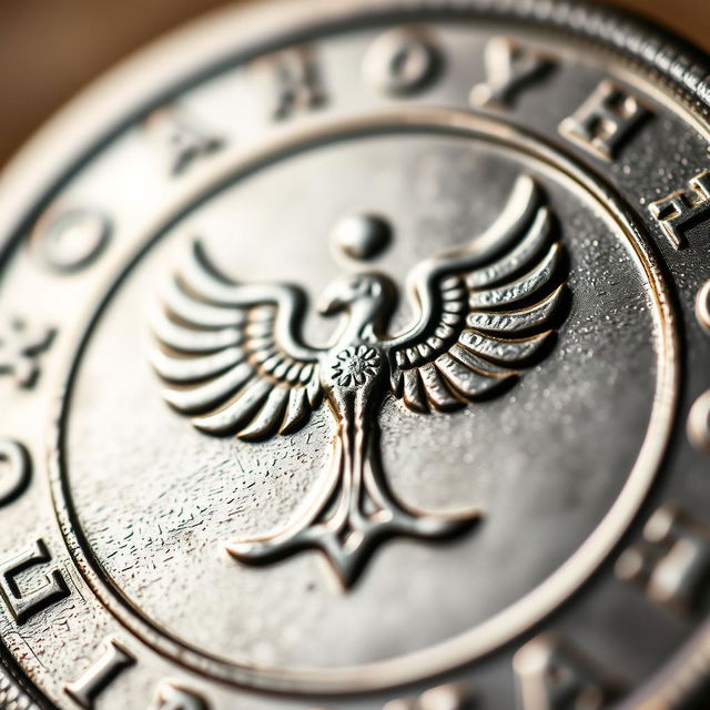 A close-up of a Faravahar coin, showcasing its intricate design and details