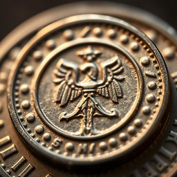 A close-up of a Faravahar coin, showcasing its intricate design and details