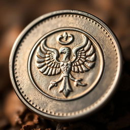 A close-up of a Faravahar coin, showcasing its intricate design and details
