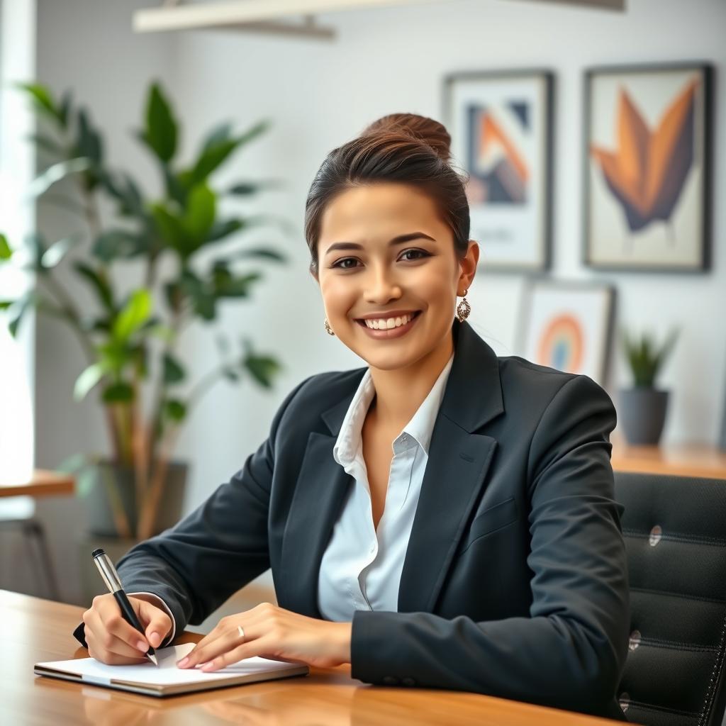 A charming and professional portrait of a person in business attire, with a warm smile and friendly expression, sitting at a modern desk