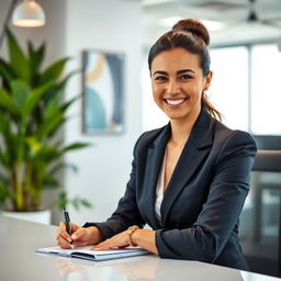 A charming and professional portrait of a person in business attire, with a warm smile and friendly expression, sitting at a modern desk