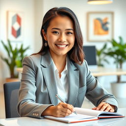 A charming and professional portrait of a person in business attire, with a warm smile and friendly expression, sitting at a modern desk