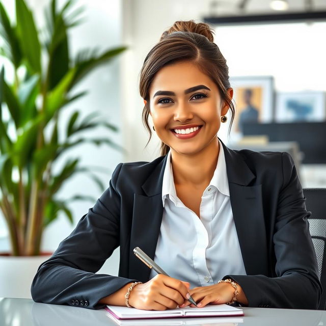 A charming and professional portrait of a person in business attire, with a warm smile and friendly expression, sitting at a modern desk