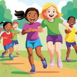 A high quality digital art image featuring a playful scene where a young girl is participating in a three-legged race