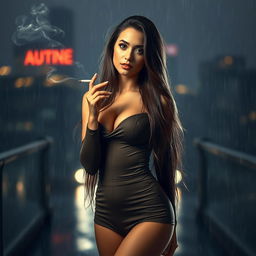 A stunningly beautiful woman standing in a gentle rain, her long flowing hair glistening with raindrops, wearing a stylish, form-fitting outfit
