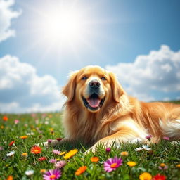 A majestic golden retriever lying serenely on a lush green lawn, surrounded by colorful wildflowers