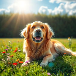 A majestic golden retriever lying serenely on a lush green lawn, surrounded by colorful wildflowers