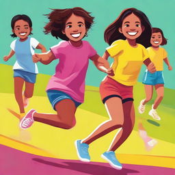 A high quality digital art image featuring a playful scene where a young girl is participating in a three-legged race