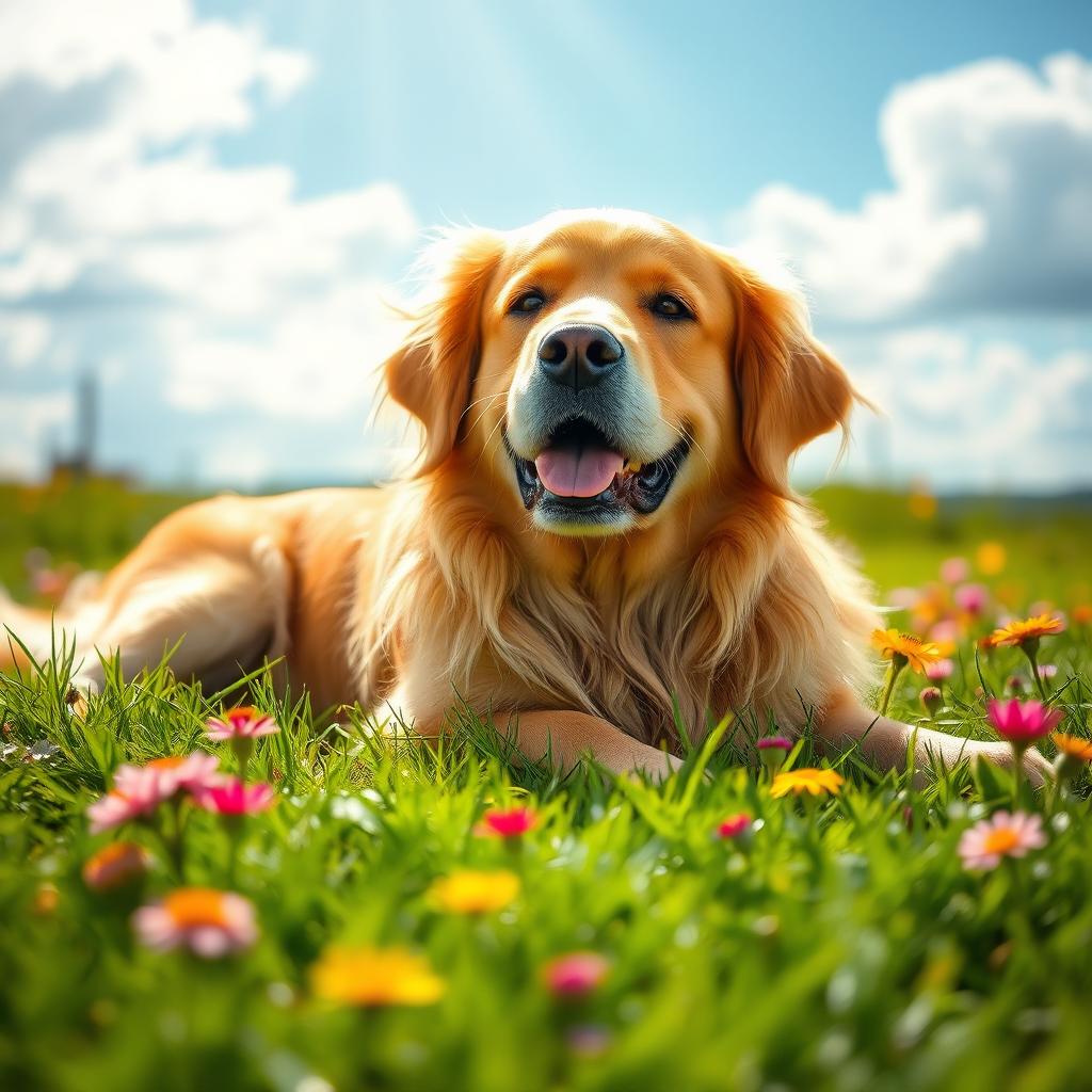 A majestic golden retriever lying serenely on a lush green lawn, surrounded by colorful wildflowers