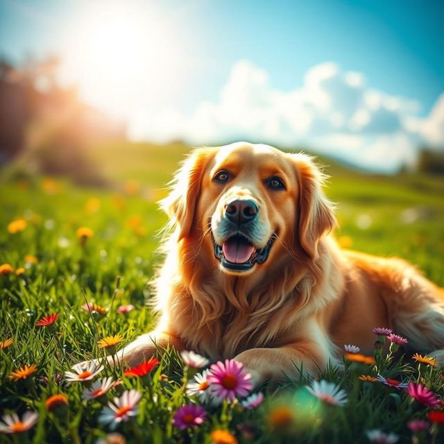 A majestic golden retriever lying serenely on a lush green lawn, surrounded by colorful wildflowers