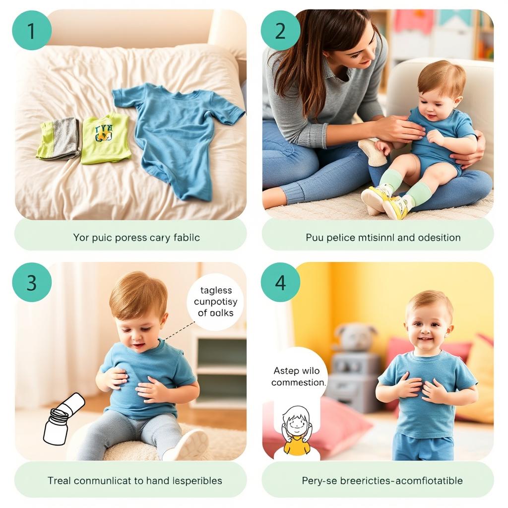 A step-by-step visual guide for dressing a child with autism, showcasing a calm and supportive environment