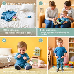 A step-by-step visual guide for dressing a child with autism, showcasing a calm and supportive environment