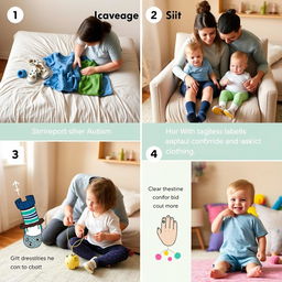 A step-by-step visual guide for dressing a child with autism, showcasing a calm and supportive environment