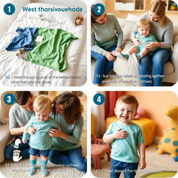 A step-by-step visual guide for dressing a child with autism, showcasing a calm and supportive environment