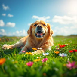 A majestic golden retriever lying serenely on a lush green lawn, surrounded by colorful wildflowers