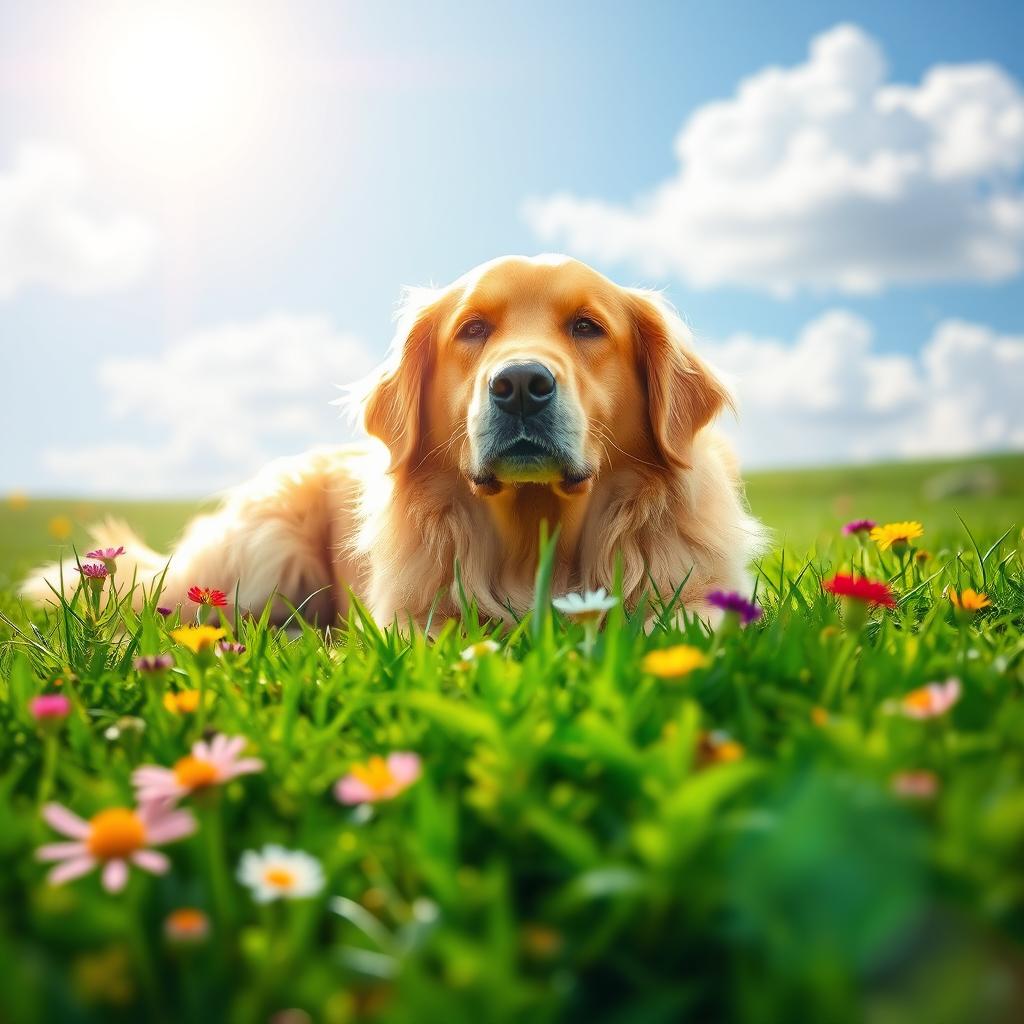 A majestic golden retriever lying serenely on a lush green lawn, surrounded by colorful wildflowers