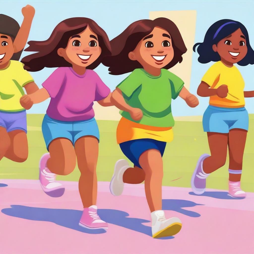 A high quality digital art image featuring a playful scene where a young girl is participating in a three-legged race