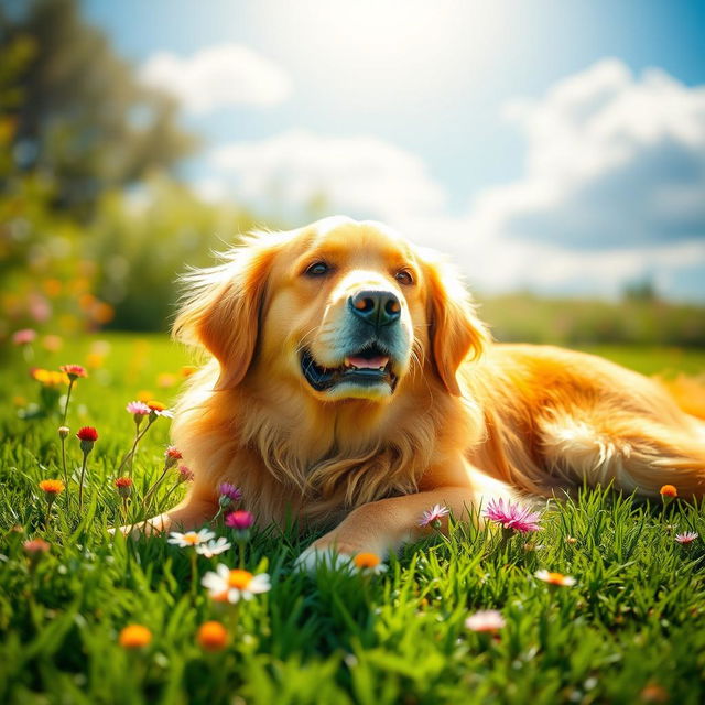 A majestic golden retriever lying serenely on a lush green lawn, surrounded by colorful wildflowers