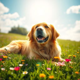 A majestic golden retriever lying serenely on a lush green lawn, surrounded by colorful wildflowers