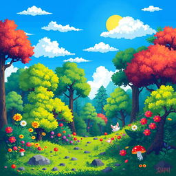 A vibrant and colorful pixel art scene depicting a magical forest, filled with pixelated trees in various shades of green, bright flowers in full bloom, and small, whimsical creatures peeking out from behind the foliage