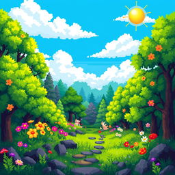 A vibrant and colorful pixel art scene depicting a magical forest, filled with pixelated trees in various shades of green, bright flowers in full bloom, and small, whimsical creatures peeking out from behind the foliage